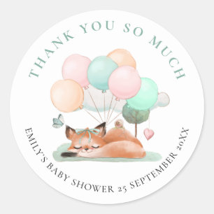 Cute Sleeping Fox Thank You Teal Baby Shower favor Classic Round Sticker