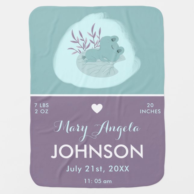 Cute Sleeping Frog Birth Stats Information Neutral Baby Blanket (Front)