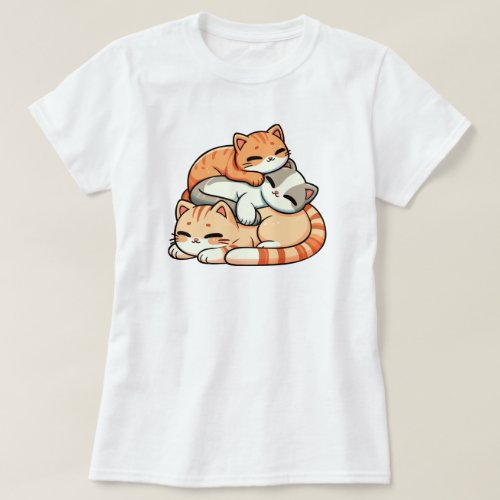 Cute Sleeping Ginger Kittens Stack Kawaii Illustra T-Shirt