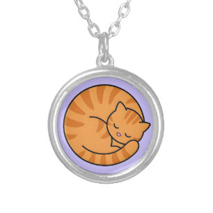 Cute Sleeping Ginger Tabby Cat Silver Plated Neckl Necklace