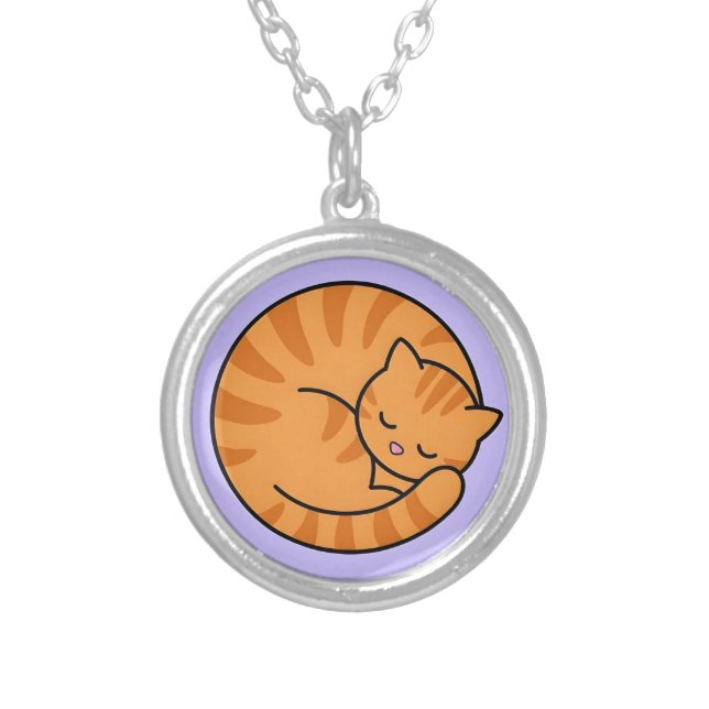 Cute Sleeping Ginger Tabby Cat Silver Plated Neckl Necklace (Front)