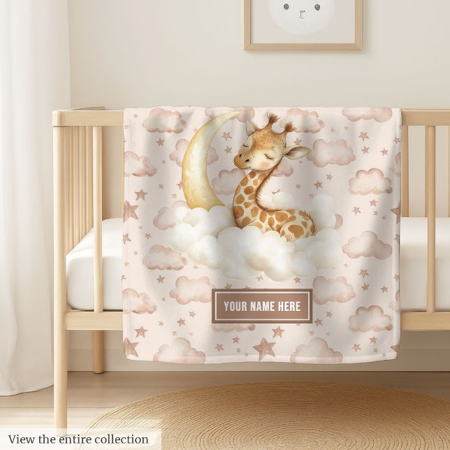 Cute sleeping giraffe blanket in neutral tones (Custom name sleeping animal blanket, cozy neutral colors, ideal boy baby shower gift)
