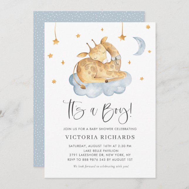 Cute Sleeping Giraffe Blue It's a Boy Baby Shower Invitation (Front/Back)