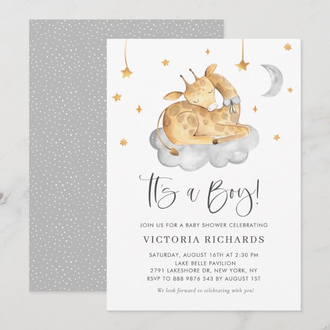 Cute Sleeping Giraffe Gray It's a Boy Baby Shower Invitation (Front/Back)