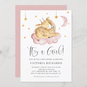 Cute Sleeping Giraffe Pink It's a Girl Baby Shower Invitation