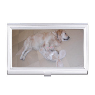 Cute Sleeping Golden Retriever  With Toy Rabbit Business Card Holder