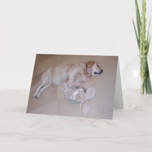 Cute Sleeping Golden Retriever  With Toy Rabbit Holiday Card (Front)