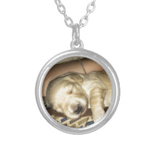 Cute sleeping GoldenDoodle Puppy Photo Silver Plated Necklace