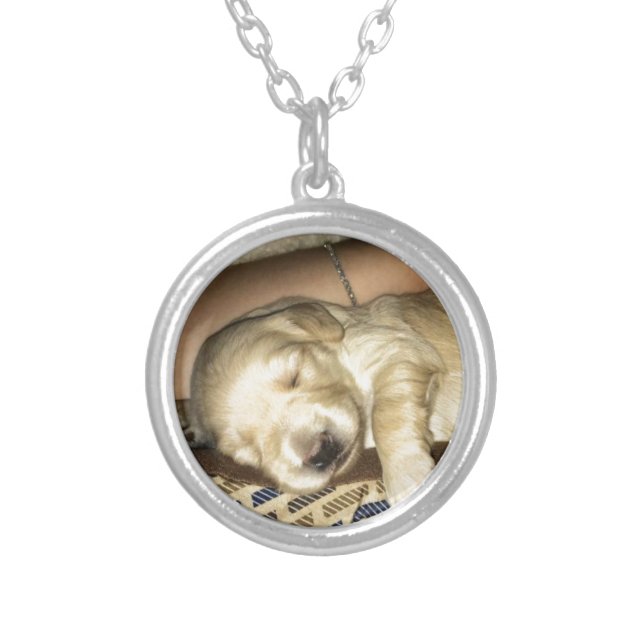 Cute sleeping GoldenDoodle Puppy Photo Silver Plated Necklace (Front)