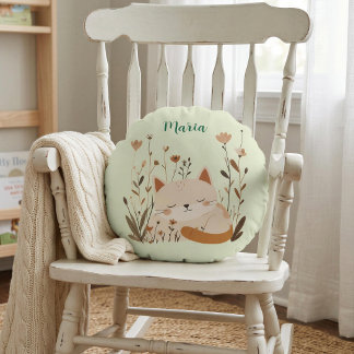 Cute Sleeping Kitten Floral Round Pillow