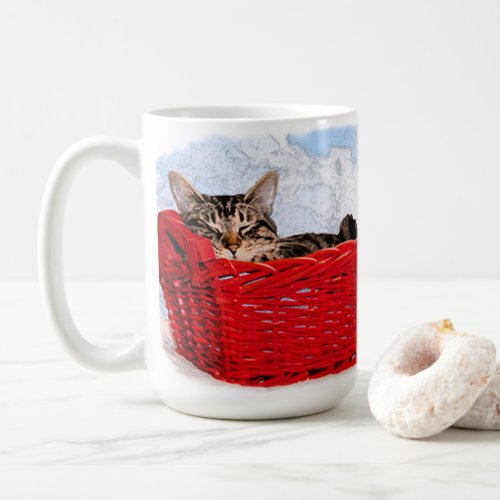 Cute Sleeping Kitten In Bright Red Basket Photo Coffee Mug