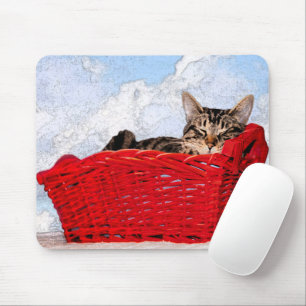 Cute Sleeping Kitten in Bright Red Basket Photo Mouse Pad