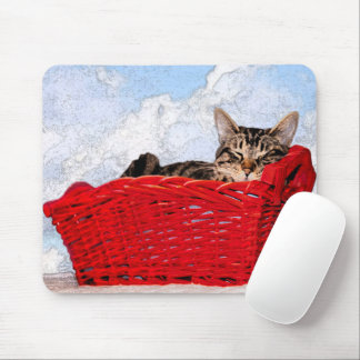 Cute Sleeping Kitten in Bright Red Basket Photo Mouse Pad