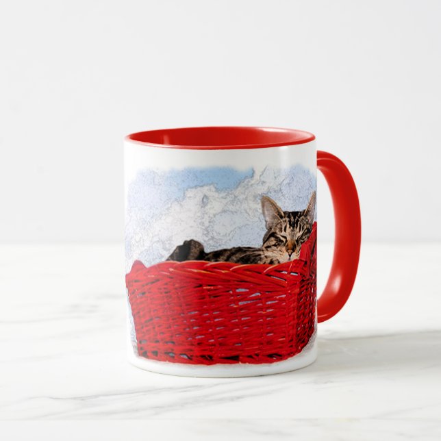 Cute Sleeping Kitten In Bright Red Basket Photo Mug (Front Right)
