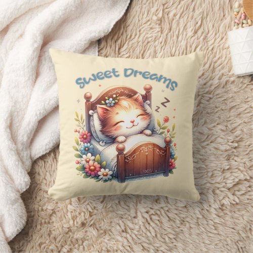 Cute sleeping Kitten Sweet dreams Nursery decor Throw Pillow