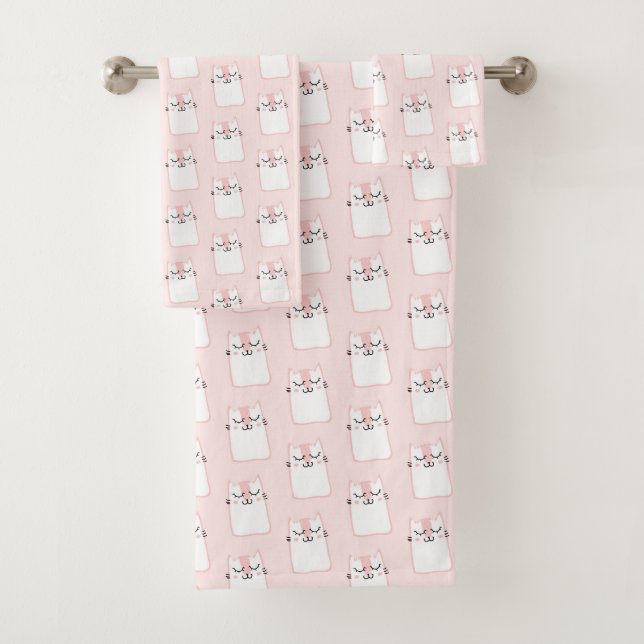 Cute Sleeping Kitty Cat Pattern Bath Towel Set (Insitu)