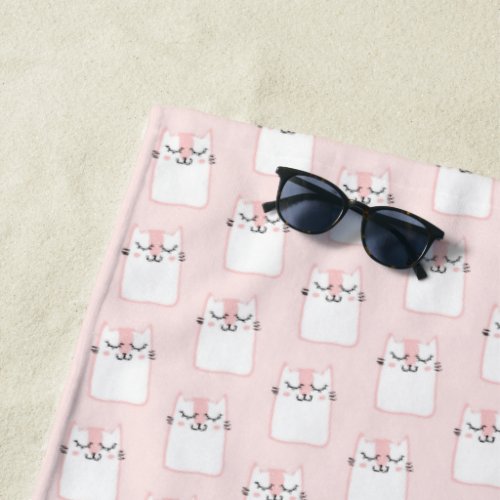 Cute Sleeping Kitty Cat Pattern Beach Towel