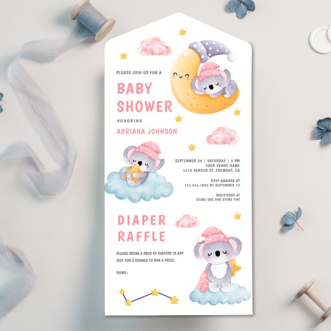 Cute Sleeping Koala Bear Crescent Moon Baby Shower All In One Invitation (Creator Uploaded)
