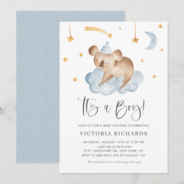 Cute Sleeping Koala Blue It's a Boy Baby Shower Invitation (Front/Back)