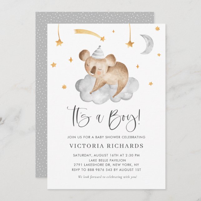 Cute Sleeping Koala Gray It's a Boy Baby Shower Invitation (Front/Back)