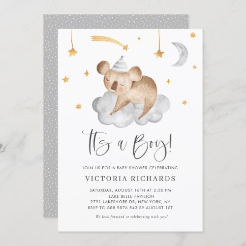 Cute Sleeping Koala Gray Its a Boy Baby Shower Invitation