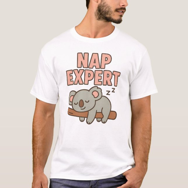 Cute Sleeping Koala “Nap Expert” T-Shirt (Front)