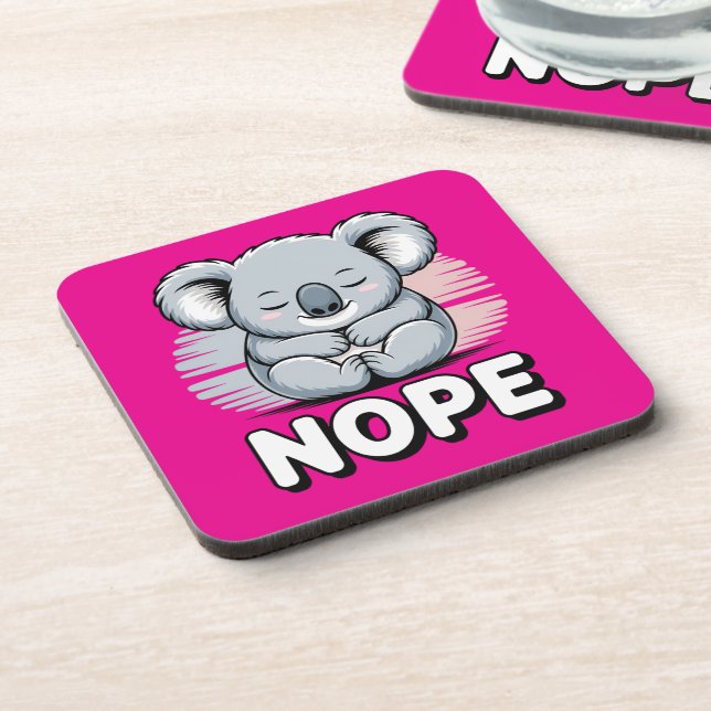 Cute Sleeping Koala “Nope” Funny Cartoon Beverage Coaster (Left Side)