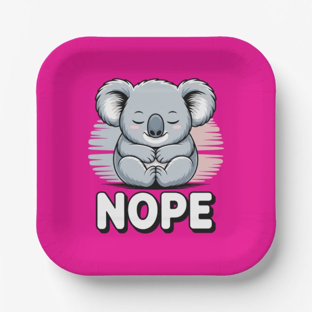 Cute Sleeping Koala “Nope” Funny Cartoon Paper Plates (Front)