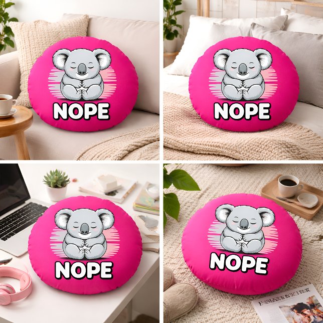 Cute Sleeping Koala “Nope” Funny Cartoon Round Pillow (Creator Uploaded)