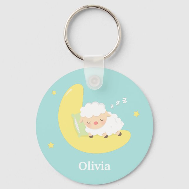 Cute Sleeping Little Lamb on the Moon Keychain (Front)