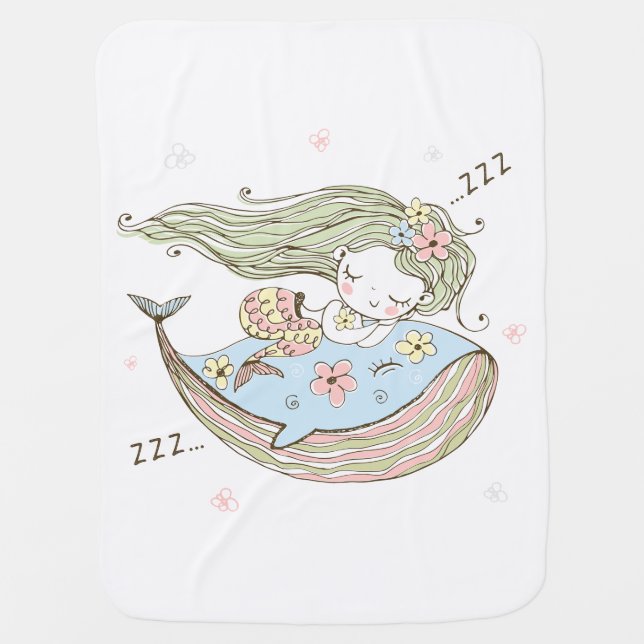 Cute Sleeping Mermaid Riding Whale Baby Blanket (Front)
