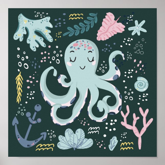 Cute Sleeping Octopus Underwater Doodle Poster (Front)