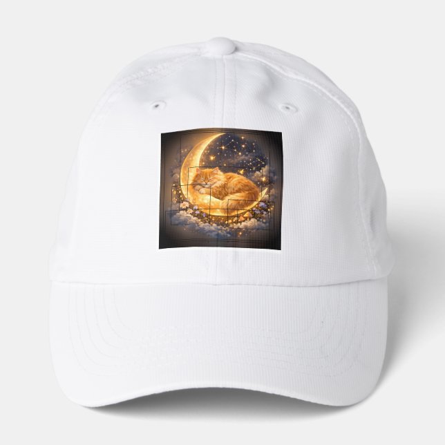 Cute Sleeping Orange Cat on Crescent Moon Hat (Cap (Front)