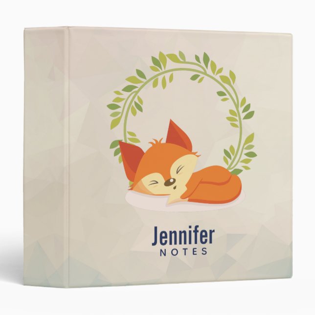 Cute Sleeping Orange Fox with Green Leaves Wreath 3 Ring Binder (Front/Spine)
