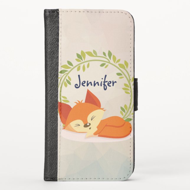 Cute Sleeping Orange Fox with Green Leaves Wreath iPhone Wallet Case (Front)
