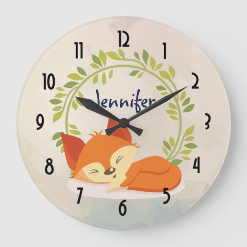 Cute Sleeping Orange Fox with Green Leaves Wreath Large Clock
