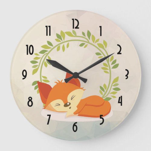 Cute Sleeping Orange Fox with Green Leaves Wreath Large Clock