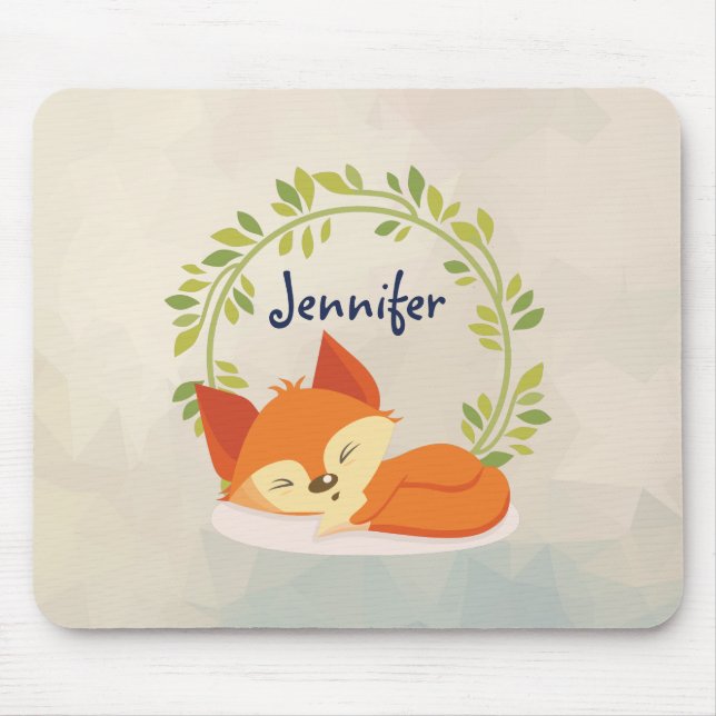 Cute Sleeping Orange Fox with Green Leaves Wreath Mouse Pad (Front)