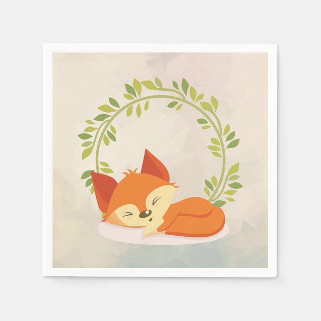 Cute Sleeping Orange Fox with Green Leaves Wreath Napkins (Front)