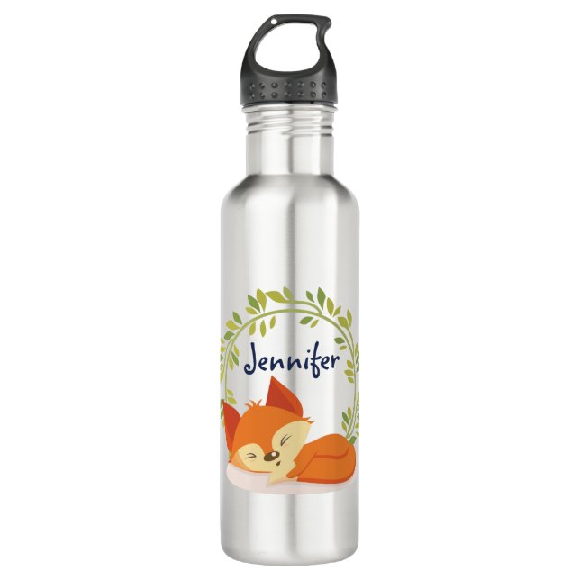 Cute Sleeping Orange Fox with Green Leaves Wreath Stainless Steel Water Bottle (Front)