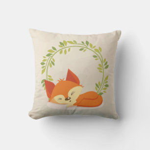 Cute Sleeping Orange Fox with Green Leaves Wreath Throw Pillow