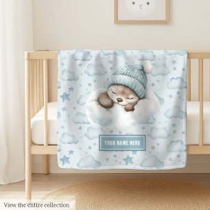 Cute sleeping otter blue blanket custom baby name