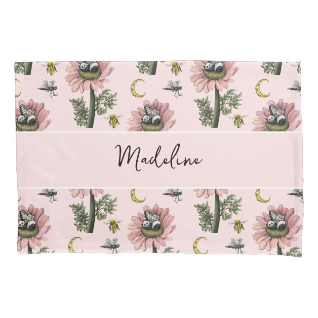 Cute Sleeping Panda Bear Fairy Floral Pattern Pillow Case (Front)