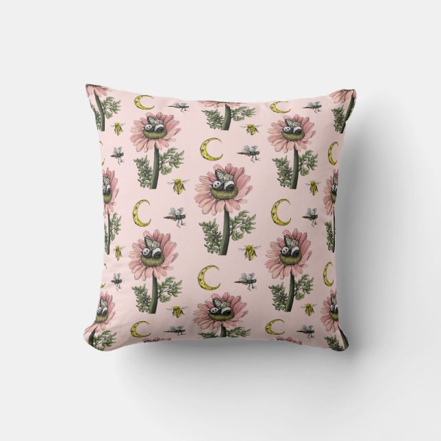Cute Sleeping Panda Bear Fairy Floral Pattern Throw Pillow (Front)