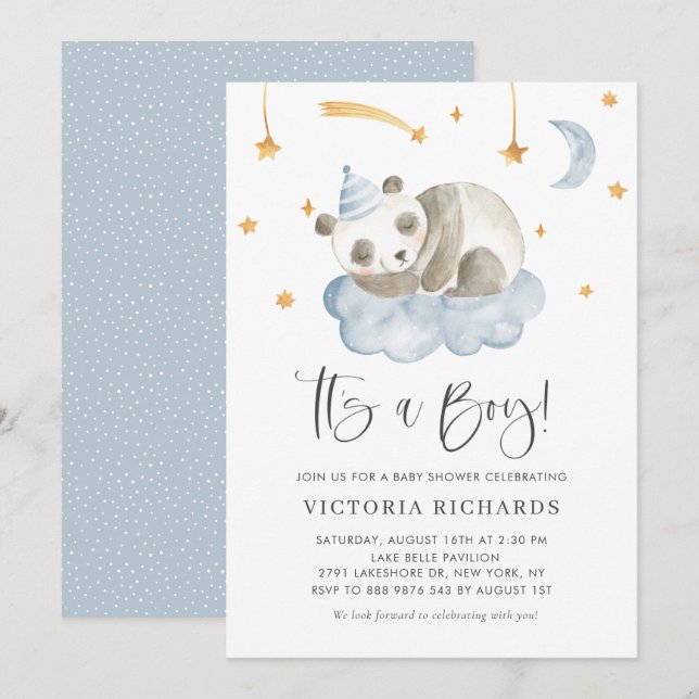 Cute Sleeping Panda Blue It's a Boy Baby Shower Invitation (Front/Back)