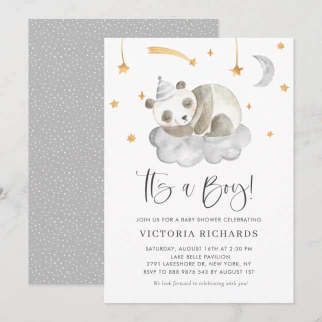 Cute Sleeping Panda Gray It's a Boy Baby Shower Invitation (Front/Back)