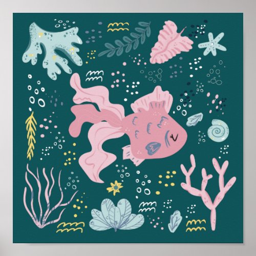 Cute Sleeping Pink Fish Underwater Doodle Poster