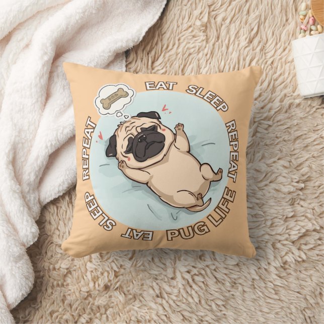 Cute Sleeping Pug Dreaming of Treats Throw Pillow  (Blanket)
