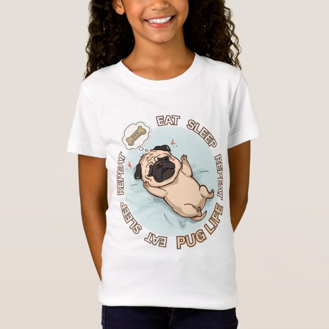 Cute Sleeping Pug Girls Shirt | Eat Sleep Repeat  (Front)