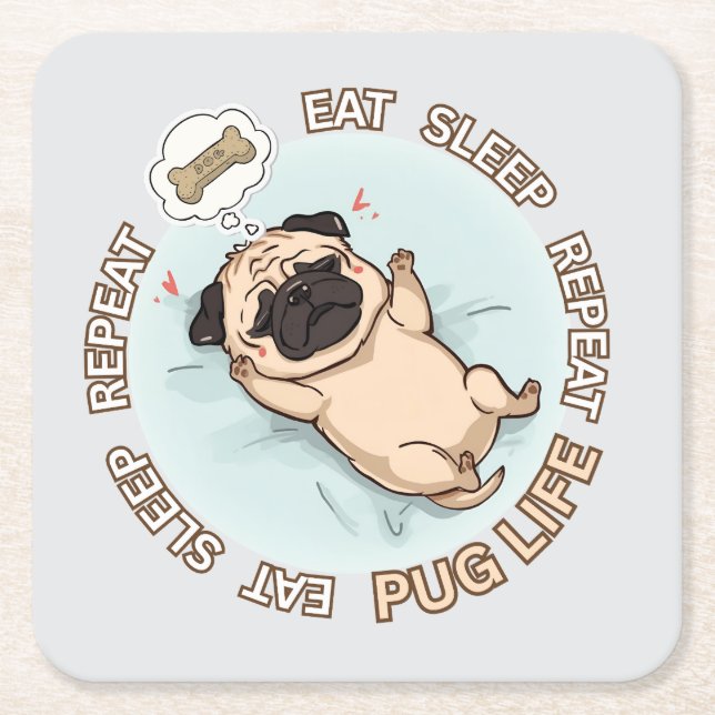 Cute Sleeping Pug Paper Coaster | Eat Sleep Repeat (Front)